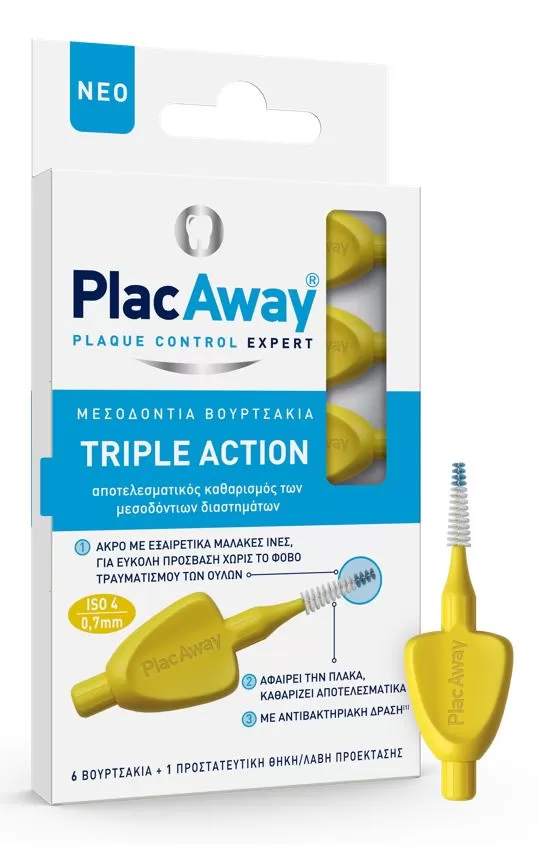 Plac Away Μεσοδόντιο Βουρτσάκι Triple Action 0.70mm Κίτρινο 6τεμ