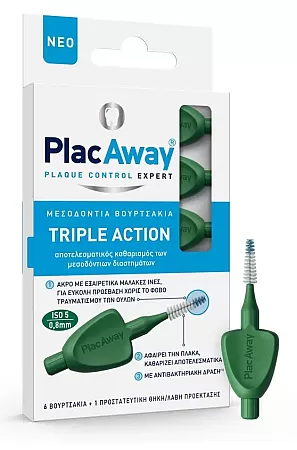 Plac Away Μεσοδόντιο Βουρτσάκι Triple Action 0.80mm Πράσινο 6τεμ
