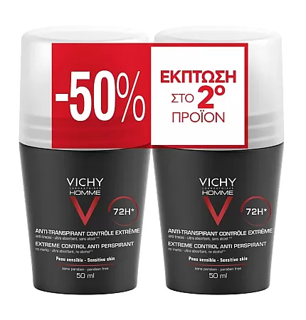 Vichy Homme Αποσμητικό για την έντονη εφίδρωση Roll-on 50ml 72h X2